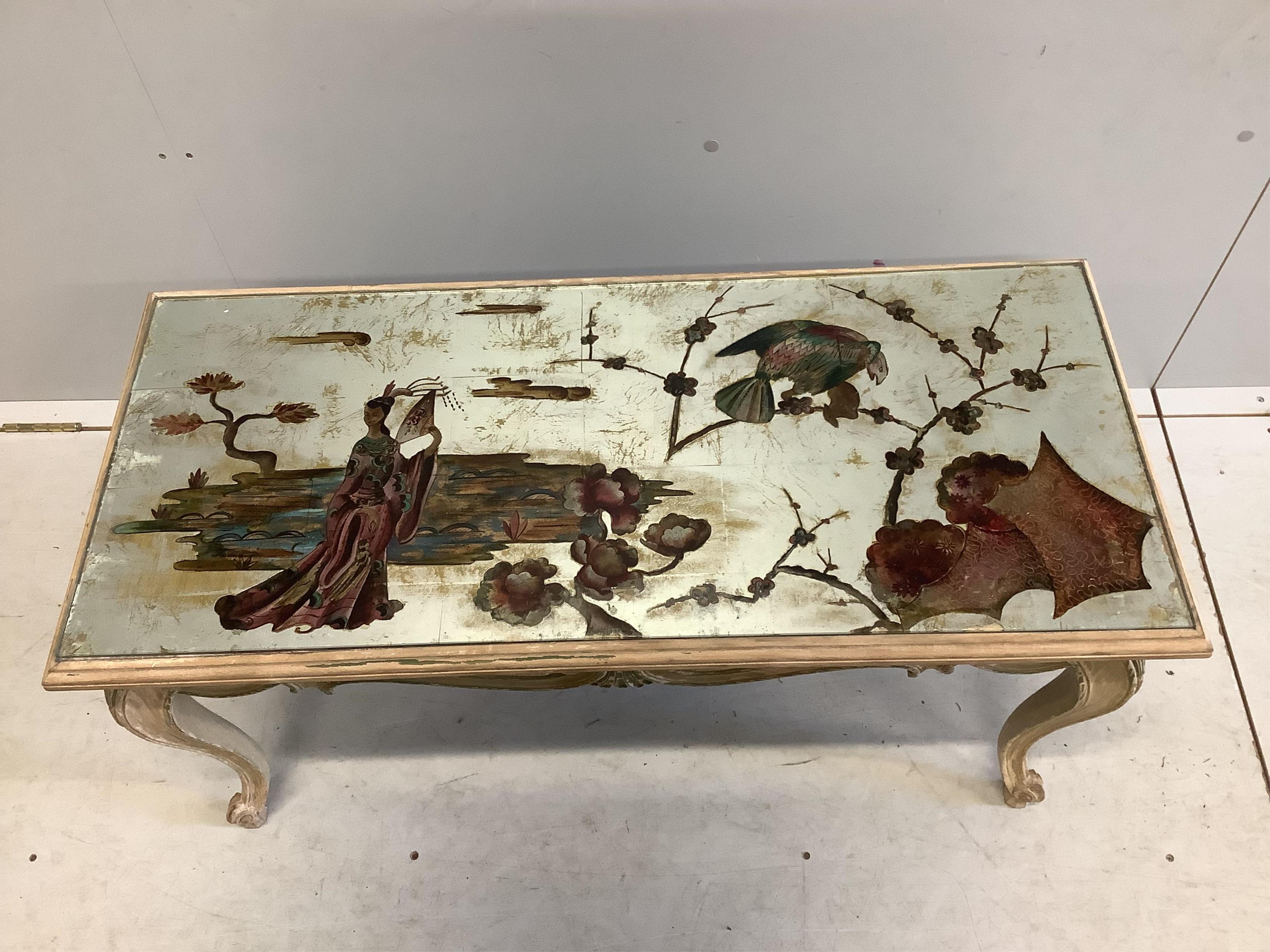 An 18th century style coffee table with reverse decorated chinoiserie top, width 93cm, depth 42cm, height 48cm. Condition - fair